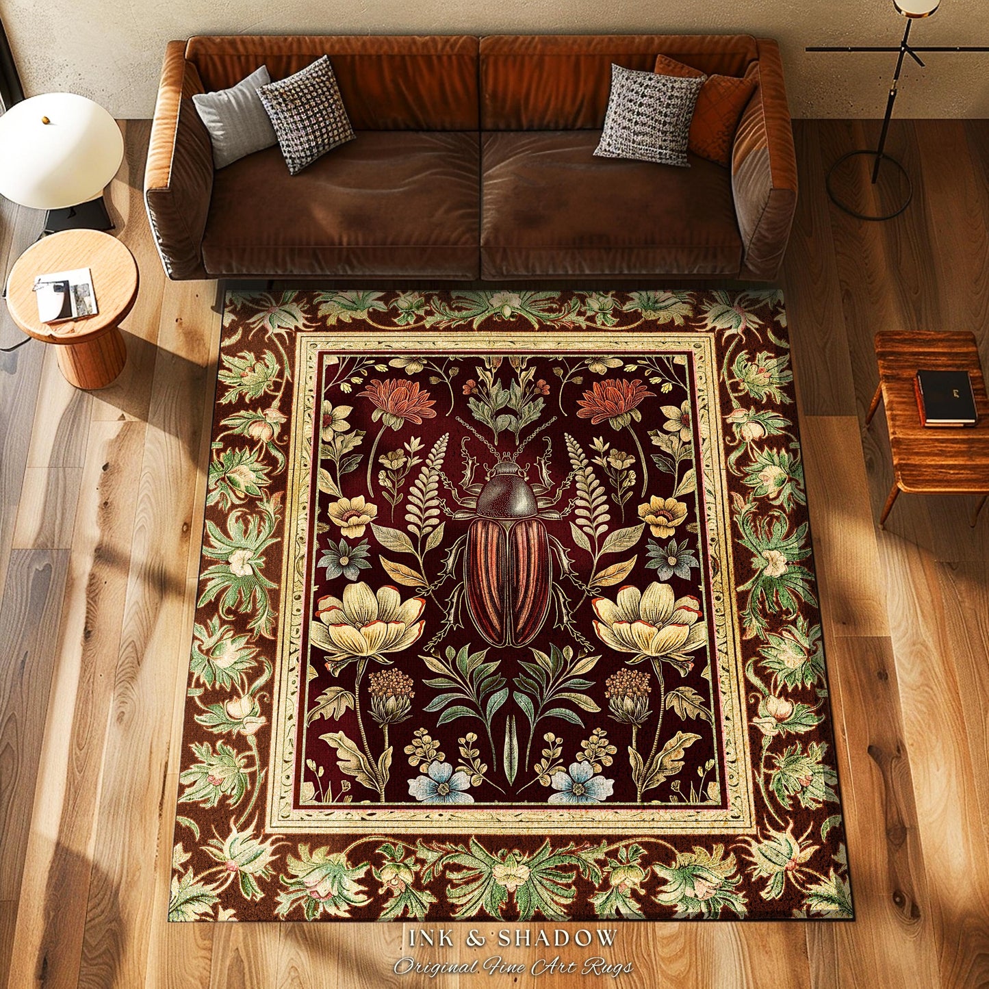 Enchanted Forest Dark Nature Theme Insects Decor Woodland Gothic Rug | Whimsical Dark Botanical Wildflower Forestcore Beetle Art Home Decor