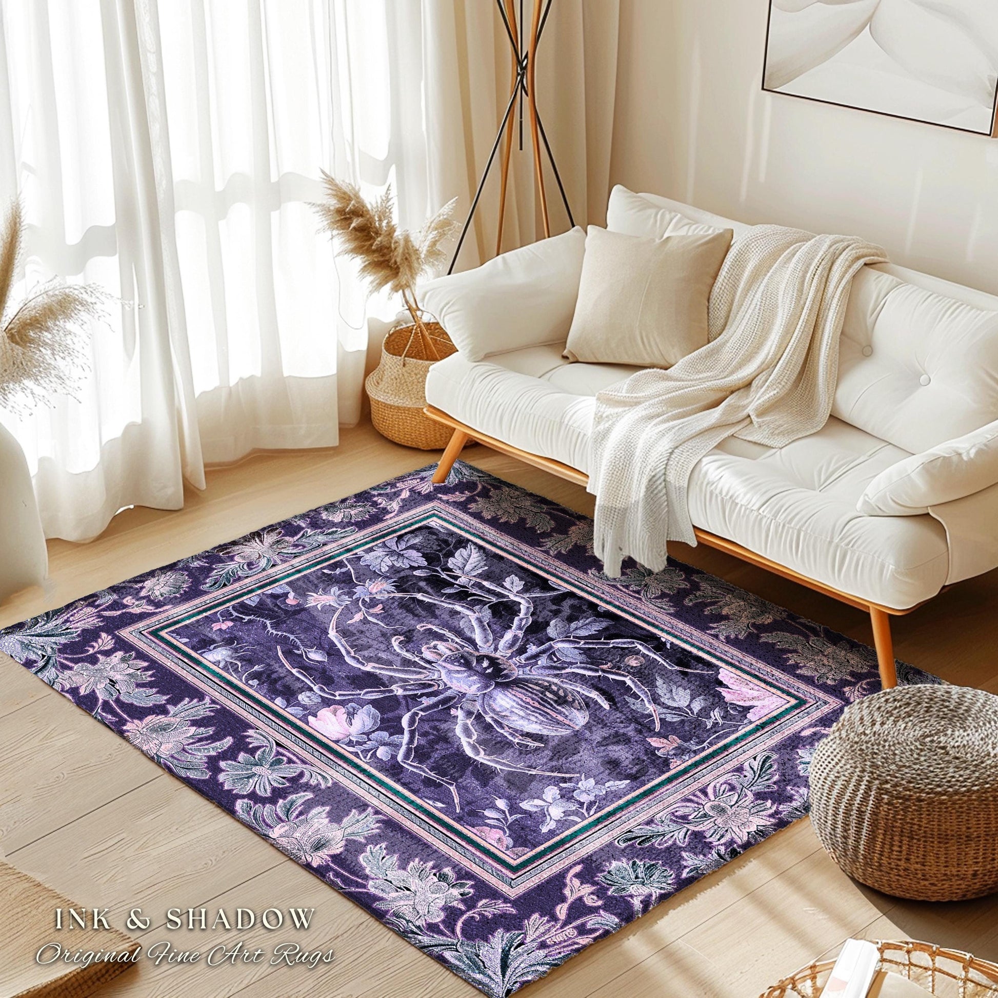 Whimsigothic Purple Spider Rug | Pastel Gothic Victorian Cottagecore Home Decor Witchy Whimsical Enchanted Nature Amethyst Home Accent |