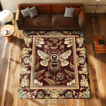 Regal Honeybee Rug Baroque Inspired Vintage Floral Insect Art Decor | Medieval Cottagecore Bee Garden Woodland Whimsy Folklore Home Accent