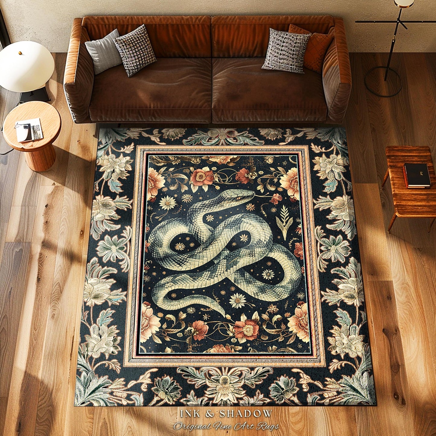 Victorian Gothic Dark Floral Snake Rug Enchanted Forest Art Nouveau Soft Cottagecore Decor | Whimsigoth Whimsical Botanical Serpent Art Rug