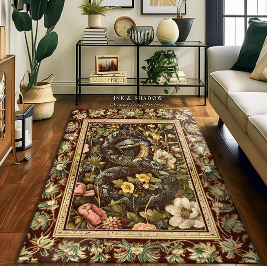 Soft Cottagecore Serpent Art Enchanted Forest Floral Snake Rug | Woodland Fairycore Goblincore Decor Whimsical Wildflower Nature Area Rugs