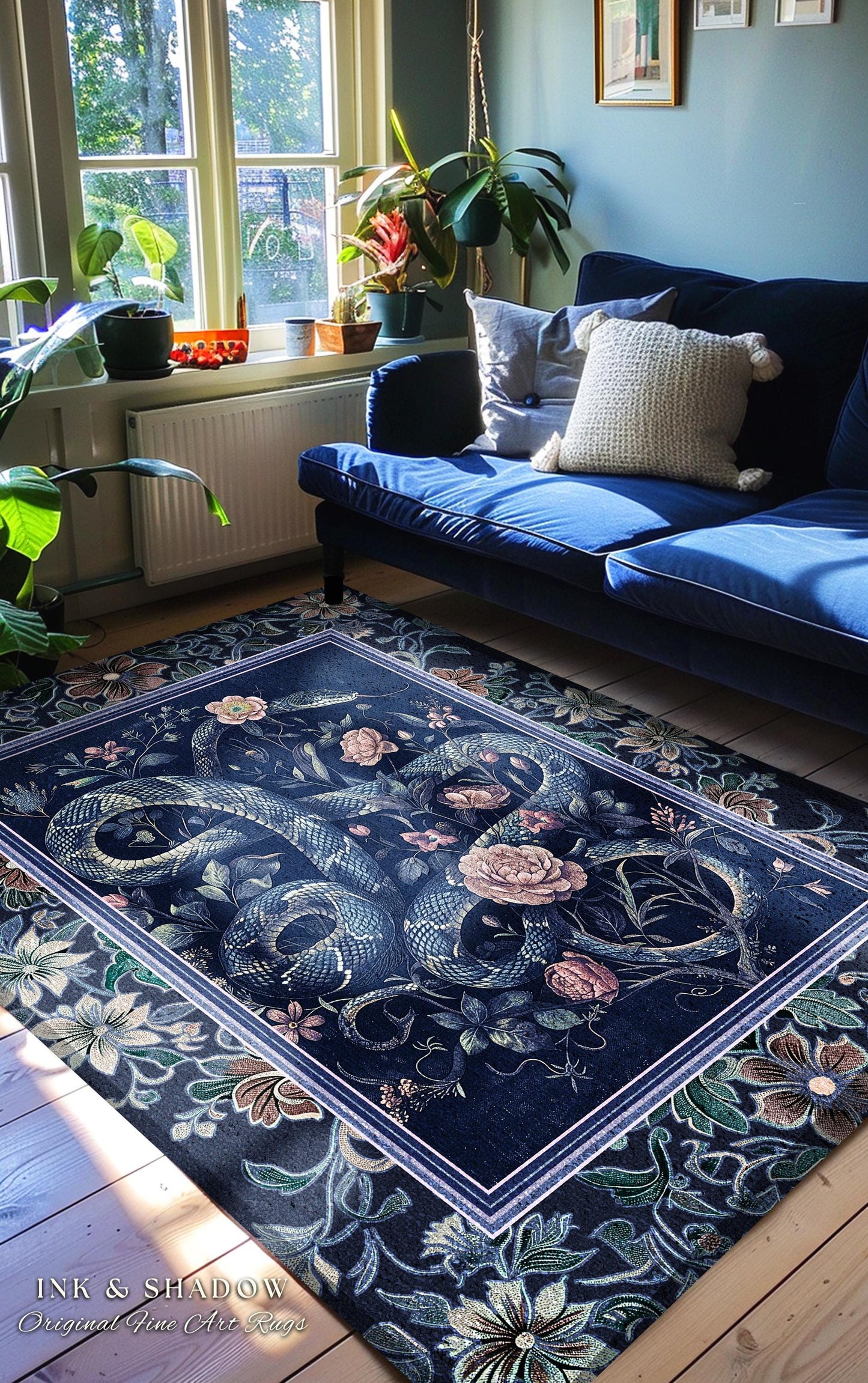 Midnight Blue Dark Floral Serpent Rug Whimsical Vintage Botanical Snake Fairycore | Victorian Gothic Mystic Macabre Art Enchanted Forestcore