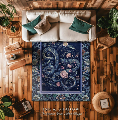 Midnight Blue Dark Floral Serpent Rug Whimsical Vintage Botanical Snake Fairycore | Victorian Gothic Mystic Macabre Art Enchanted Forestcore