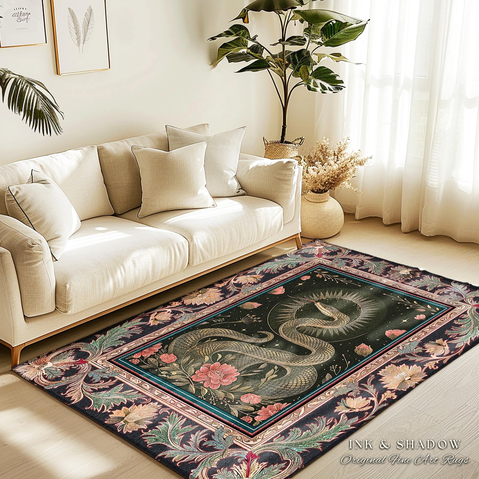 Victorian Rose Serpent Rug Romantic Cottagecore Floral Decor | Enchanted Baroque Snake Art Dark Academia Gothic Pink Fairycore Goblincore