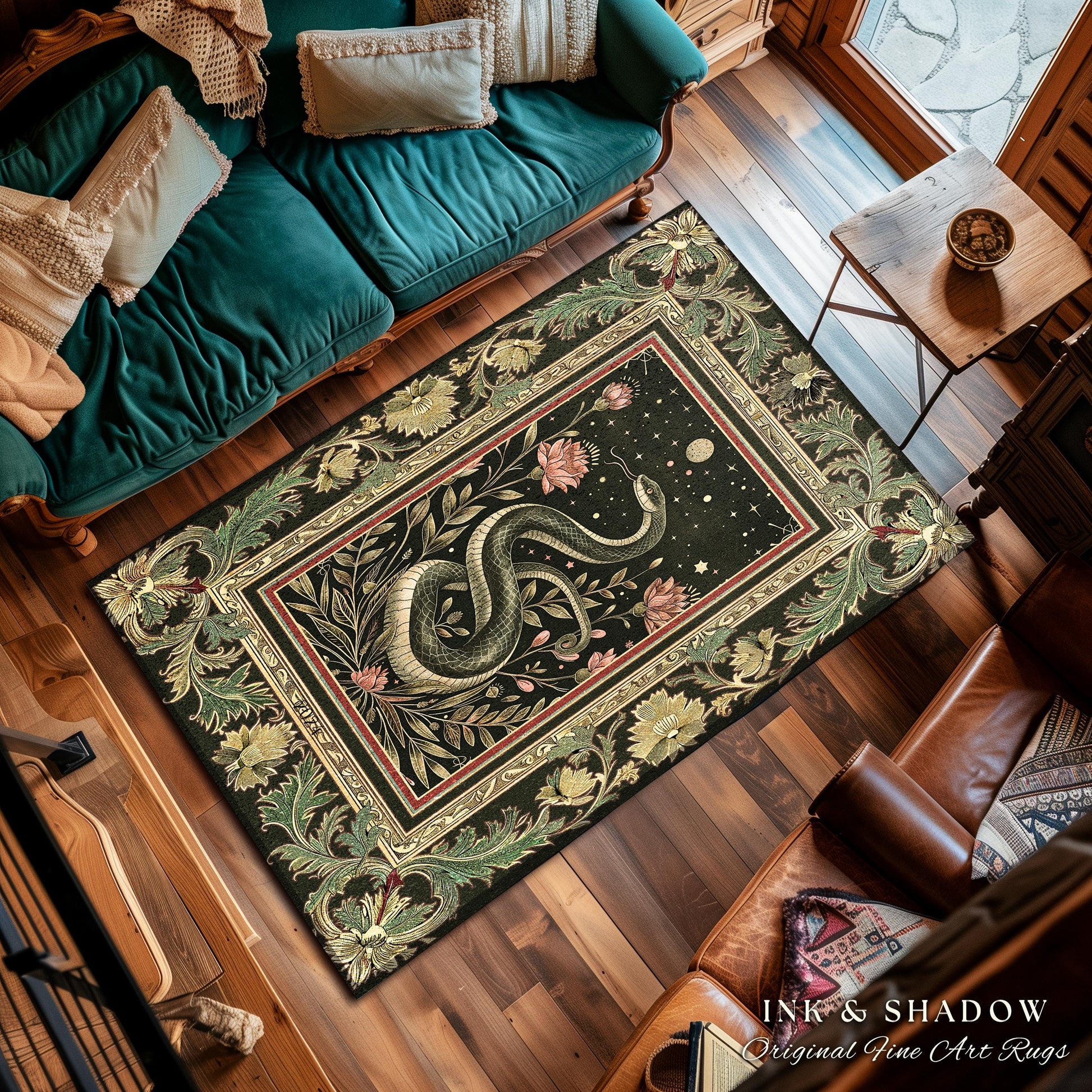 Celestial Serpent Rug Enchanted Floral Gothic Decor | Mystical Moonlit Forest Medieval Snake Art Dark Academia Vintage Baroque Home Accent