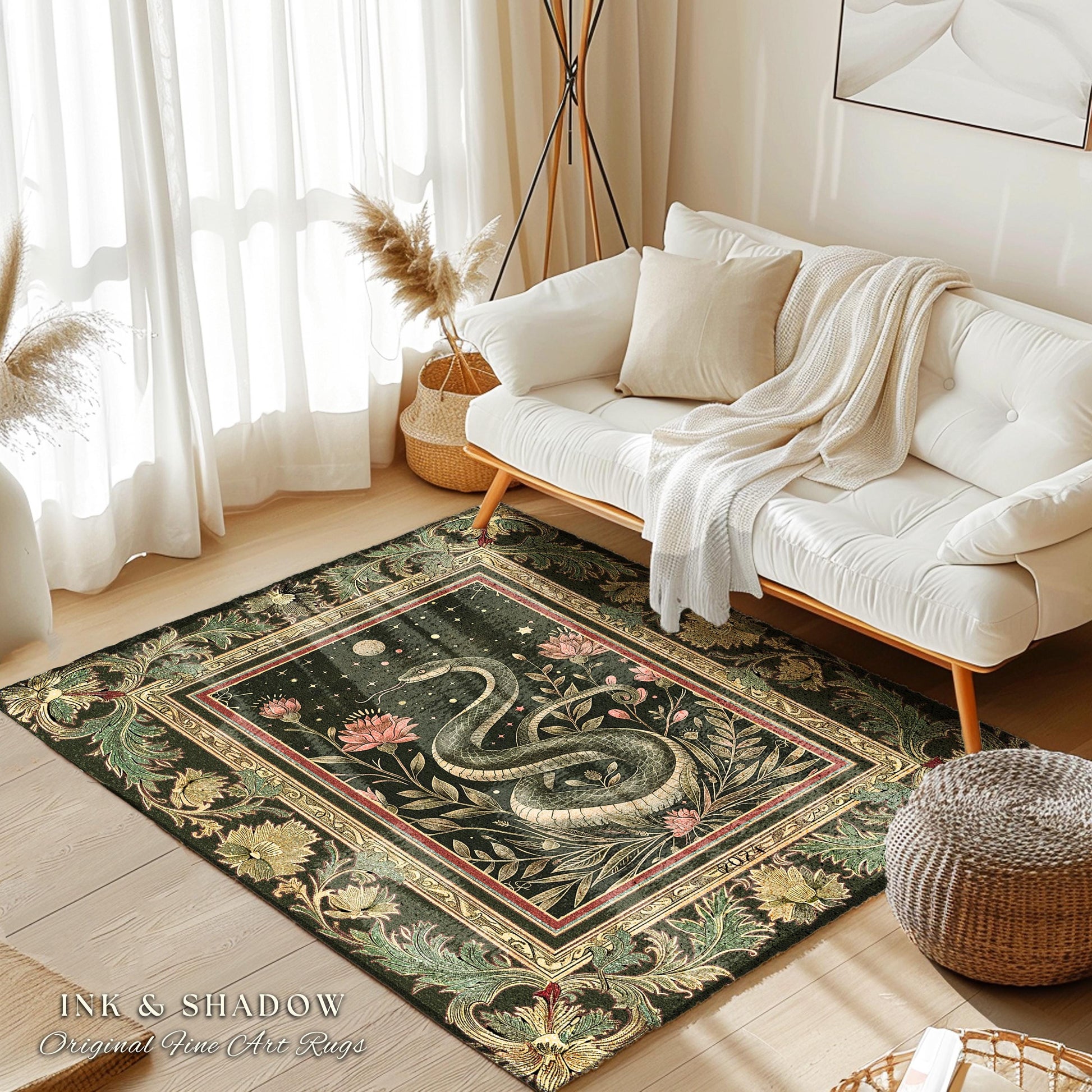 Celestial Serpent Rug Enchanted Floral Gothic Decor | Mystical Moonlit Forest Medieval Snake Art Dark Academia Vintage Baroque Home Accent