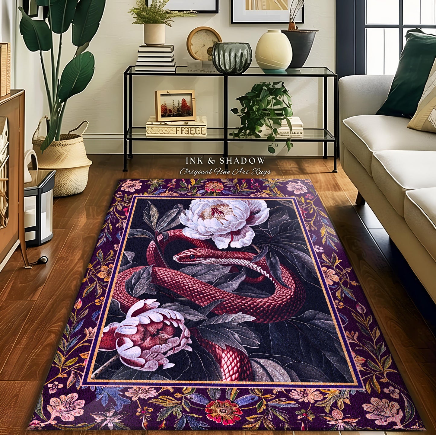 Whimsigothic Dark Floral Serpent Rug Enchanted Forest Whimsical Purple Botanical Decor | Mystical Witchy Cottagecore Moody Vintage Snake Art