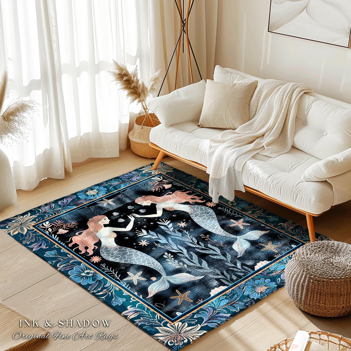 Mystical Midnight Blue Mermaid Rug Floral Oceanic Decor, Art Nouveau Coastal Cottagecore Whimsical Sea Nymph Enchanted Nautical Fantasy Rug