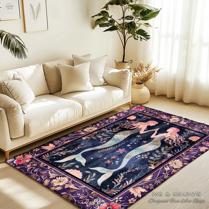 Retro Art Deco Mermaid Art Runner Rug Whimsical Coastal Cottagecore Vintage Floral Purple Decor, Enchanted Underwater Fantasy Sea Scene Rug