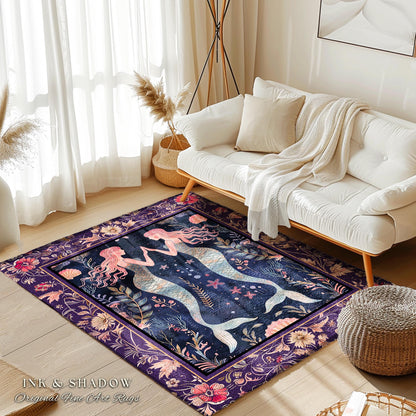 Retro Art Deco Mermaid Art Rug Whimsical Coastal Cottagecore Vintage Floral Aesthetic Purple Decor, Enchanted Underwater Fantasy Sea Scene