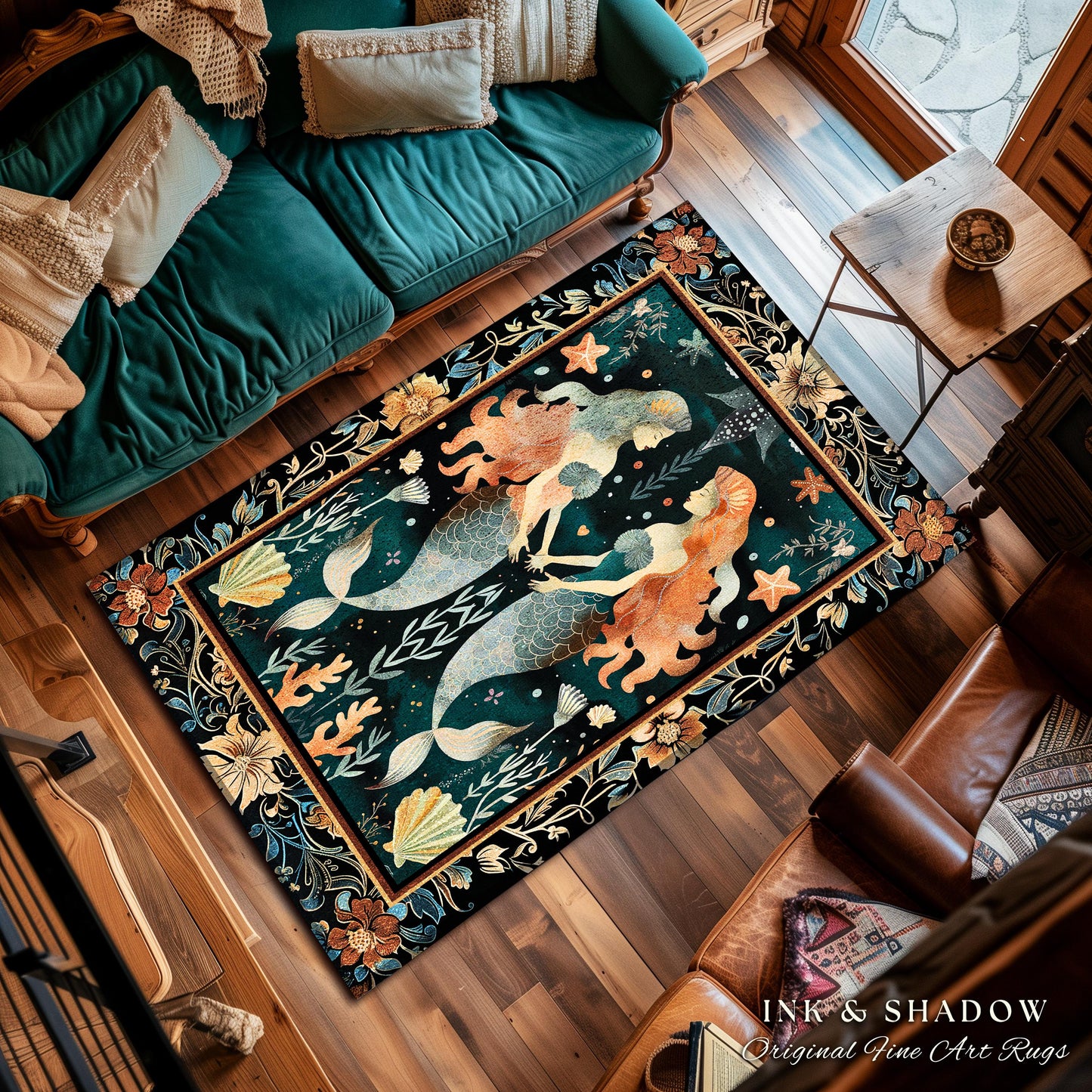 Whimsical Art Nouveau Mermaid Rug Costal Cottagecore Enchanted Underwater Ocean Folklore Decor Mystical Sea Nymph Nautical Marine Life Scene