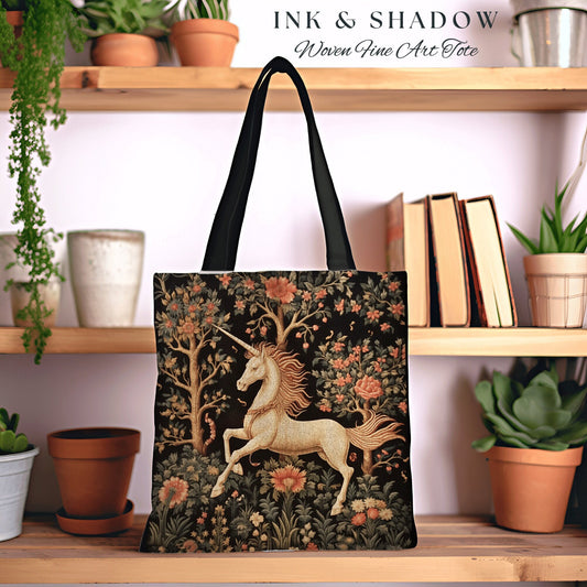 Mystic Unicorn Tapestry Tote | Gift for Unicorn Lover Dark Cottagecore Dark Floral Satchel Fairy Core Bookbag Pastel Fairycore Shoulderbag |