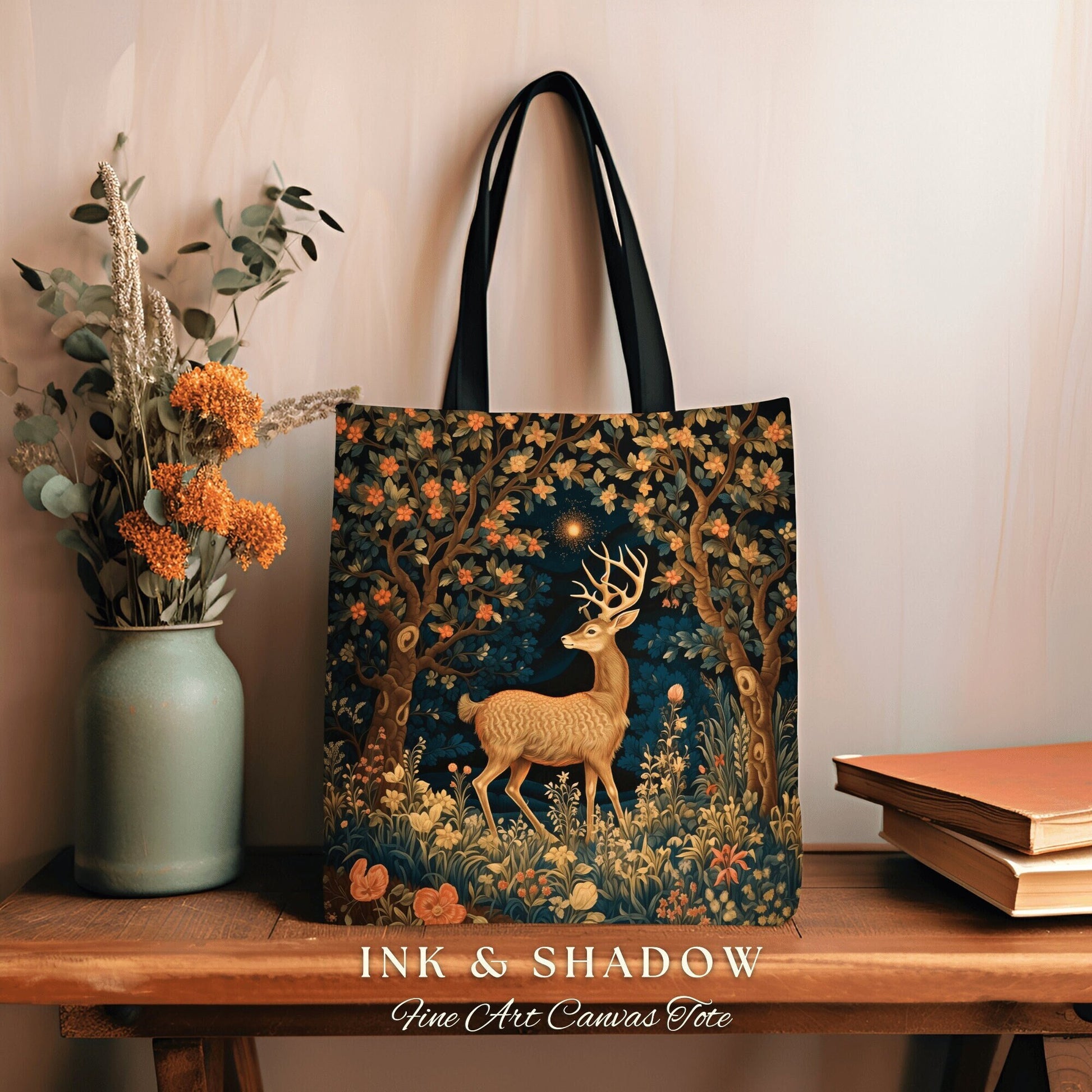 Enchanted Woods Tote | Folk Art Aesthetic Shoulderbag Woven William Morris Bag Dark Fairycore Gothic Botanical Deer Woodland Magic Bag |