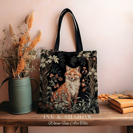 Boho Botanical Fox Tapestry Tote | Dark Cottagecore William Morris Inspired Tote Bag Aesthetic Medieval Tapestry Bag Victorian Fox Fairycore