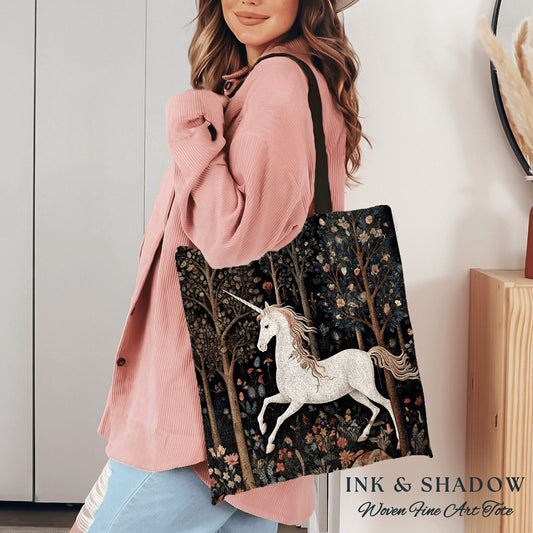 Witchy Unicorn Tapestry Tote Woven | William Morris Inspired Tote Bag Aesthetic Mystical Tapestry Bag Woven Victorian Fairycore Folklore Bag