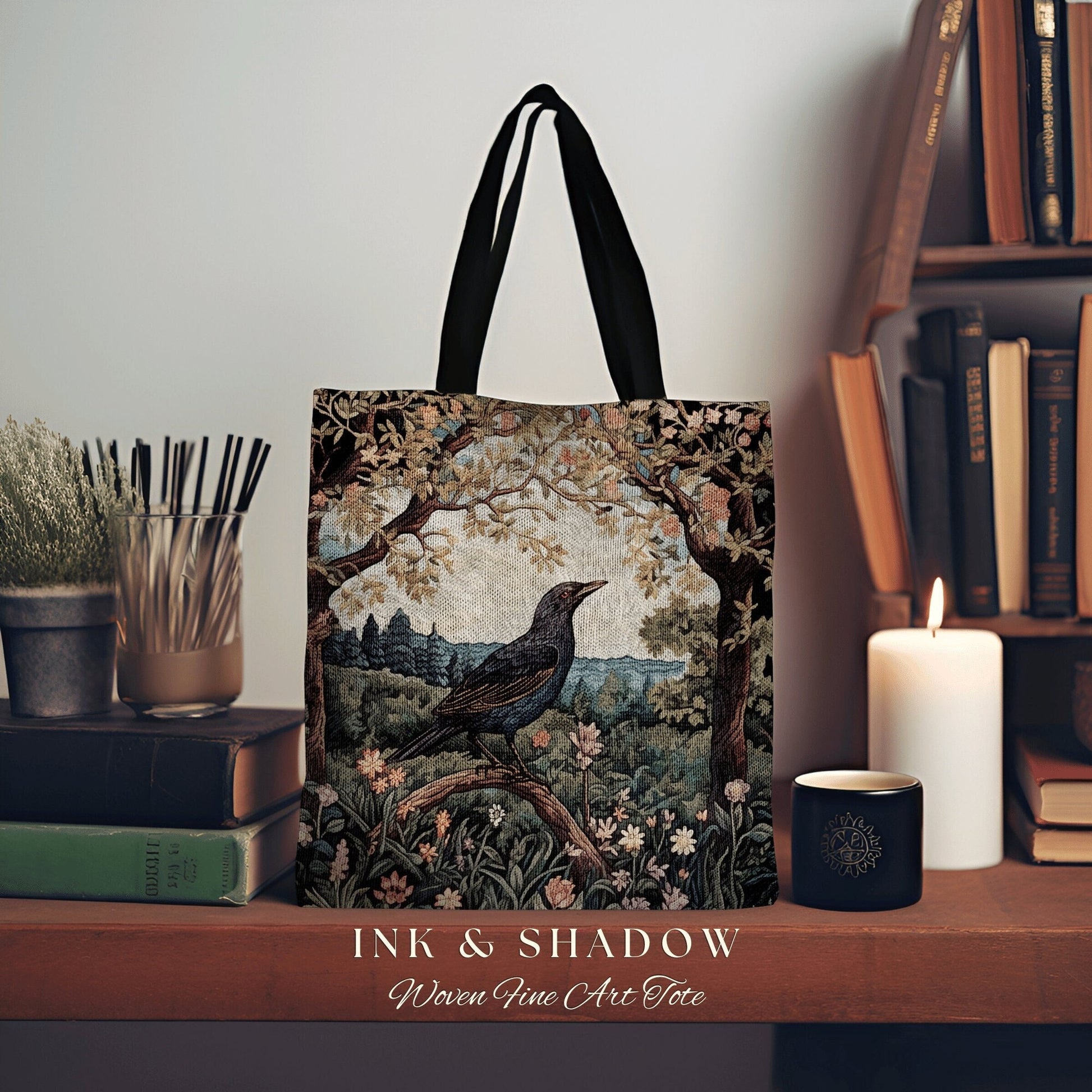 Woven Tapestry Tote Crowcore Bag | Gothic Tote William Morris Inspired Raven Tote Bag Crow Core Satchel Maximalist Tapestry Tote Bag Gothic