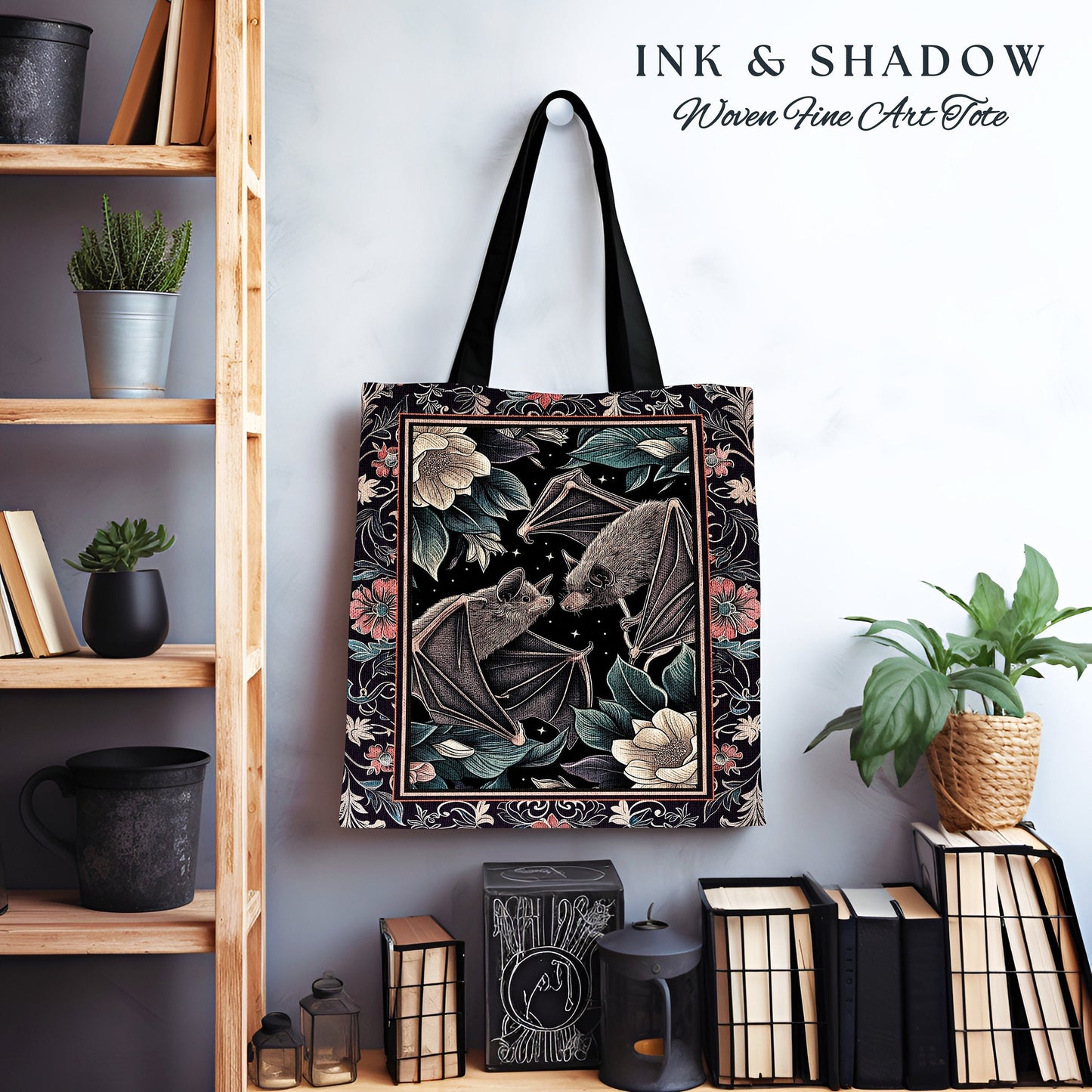 Gothic Bat Tote Bag Boho Dark Floral Gothic Gift for Bat Lover Dark Cottagecore Dark Floral Satchel Dark Bats Witchy Bag Woven Tapestry Tote