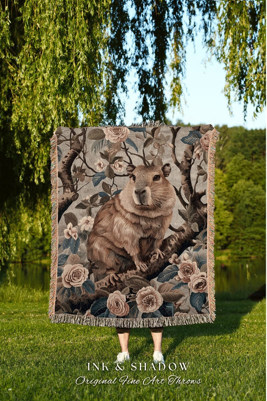 Pastel Floral Capybara Blanket | Pastel Woodland Aesthetic Cottagecore Tapestry Woven Mystical Book Nook Gift for Reader Cute Bedroom Throw