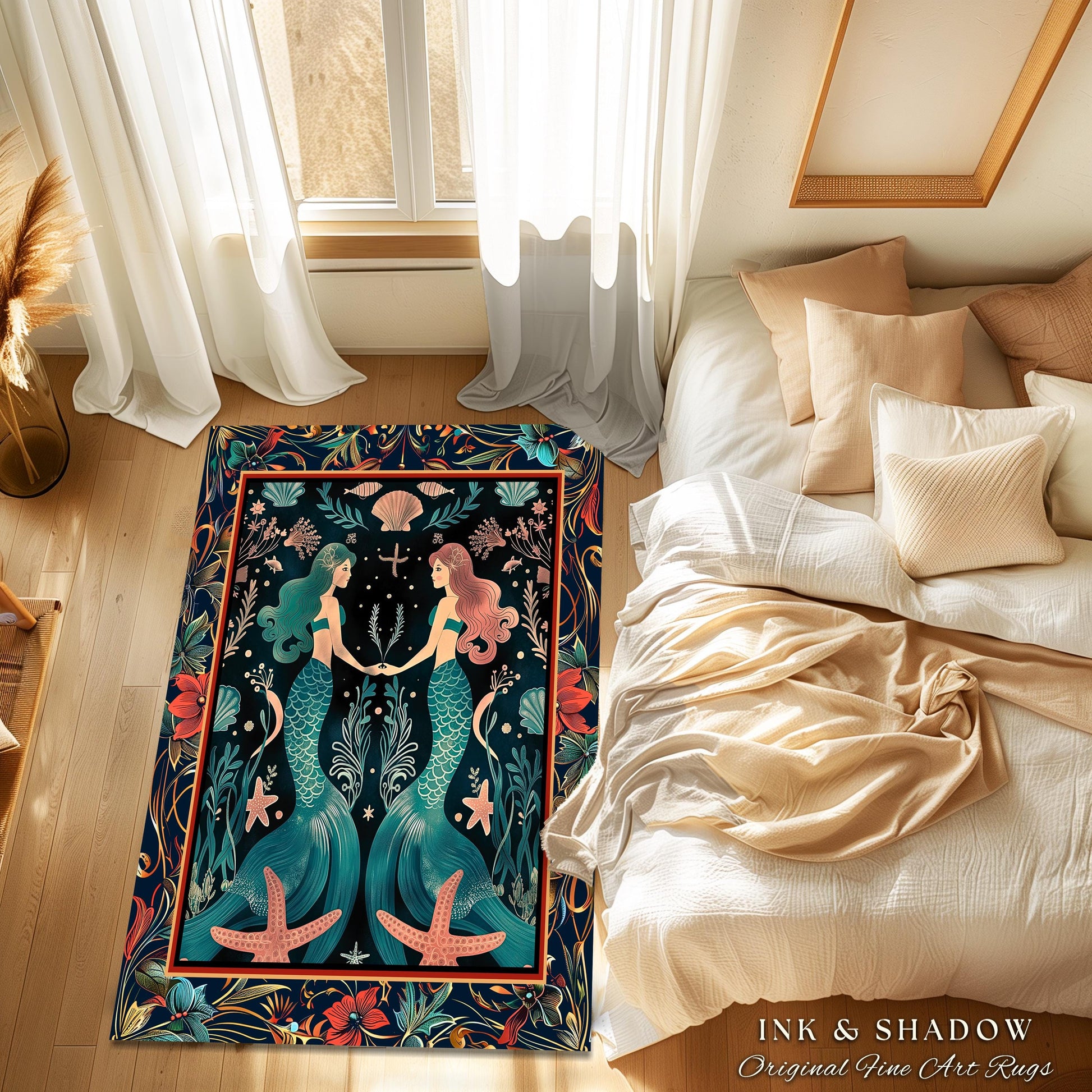 Ethereal Art Nouveau Sea Nymph Rug Whimsical Dark Academia Coastal Decor | Mystical Mermaid Cottagecore Enchanted Ocean Vintage Folklore Rug