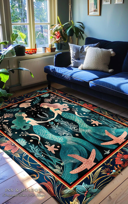 Ethereal Art Nouveau Sea Nymph Rug Whimsical Dark Academia Coastal Decor | Mystical Mermaid Cottagecore Enchanted Ocean Vintage Folklore Rug