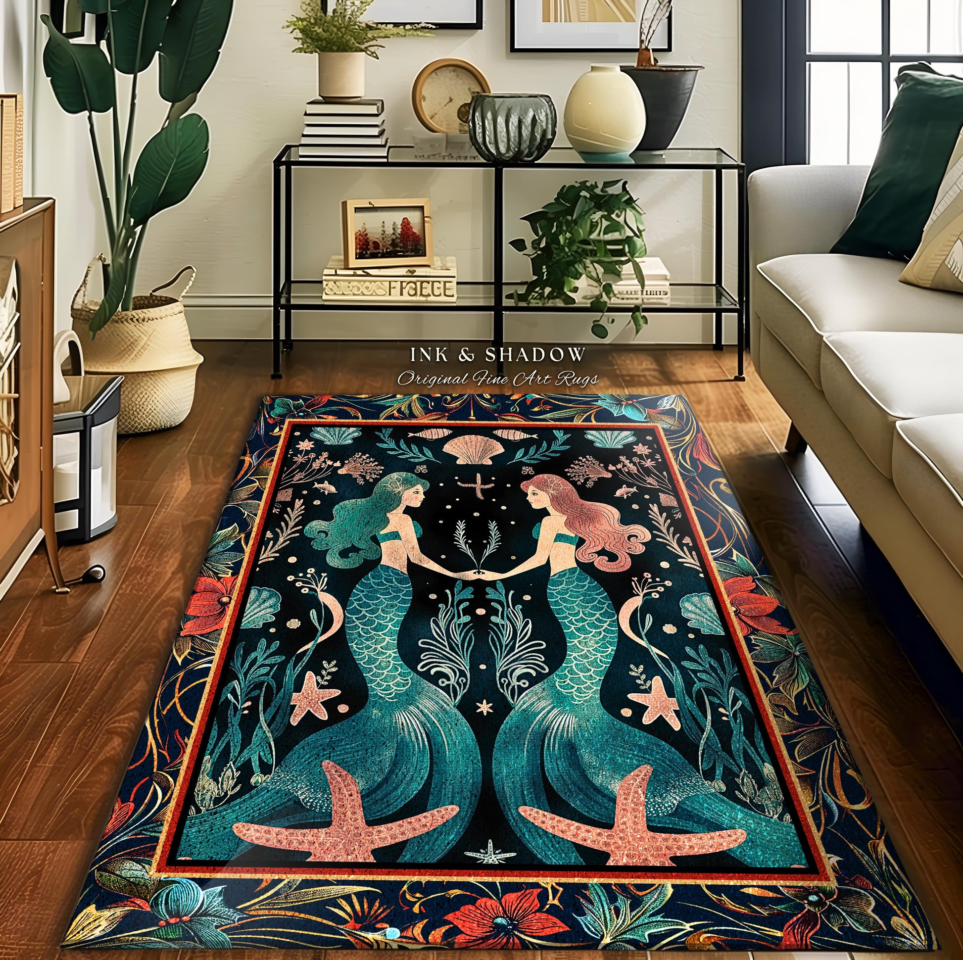 Ethereal Art Nouveau Sea Nymph Rug Whimsical Dark Academia Coastal Decor | Mystical Mermaid Cottagecore Enchanted Ocean Vintage Folklore Rug