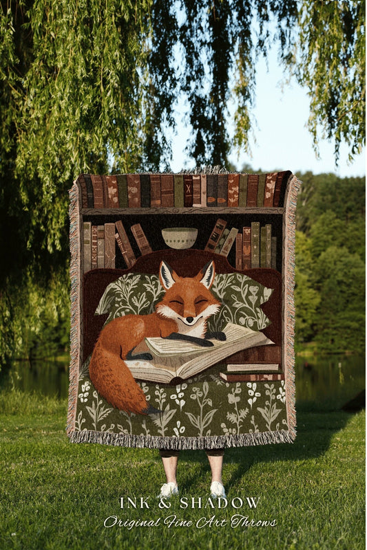 Cozy Reading Blanket Fox Tapestry | Forestcore Dark Woodland Cottagecore Throw Woven Mystical Book Nook Gift for Reader Boho Reading Gfit