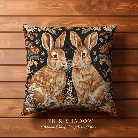 Twin Bunnies Nursery Pillow | Couch Cushion William Morris Throw Cottagecore Bunny Decor Rustic Spring Rabbit Pastel Art Boho Baby Shower