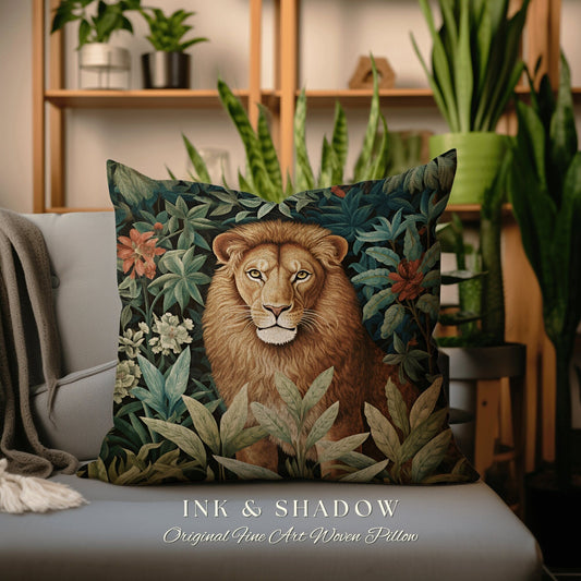 Jungle Foliage Lion Pillow | Cottagecore Theme Rustic Woodland Decor Crowcore Bedroom Lion Pillow Botanical Dark Academia Jungle Nursery |