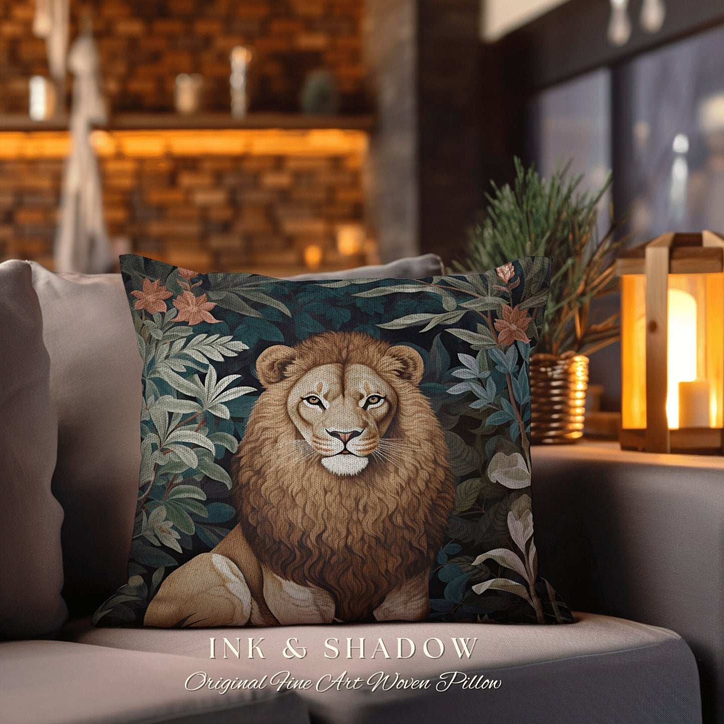 Lion Pillow Dark Botanical Decor | Jungle Aesthetic William Morris Inspired Lion Pillow Aesthetic Medieval Woven Pillow Victorian Gothic |