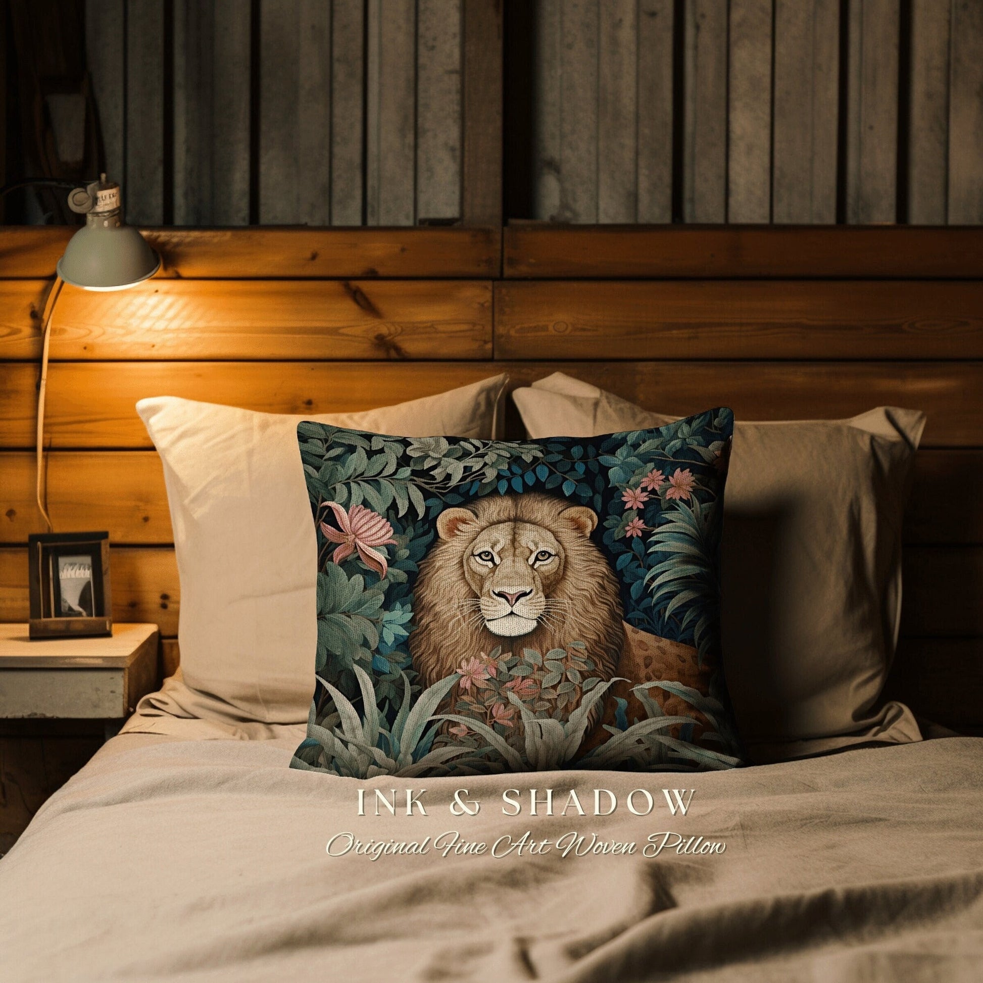 Lion Accent Pillow Rustic | Dark Academia Tapestry Pillow William Morris Cushion Woodland Gothic Botanical Jungle Aesthetic Lion Home Decor