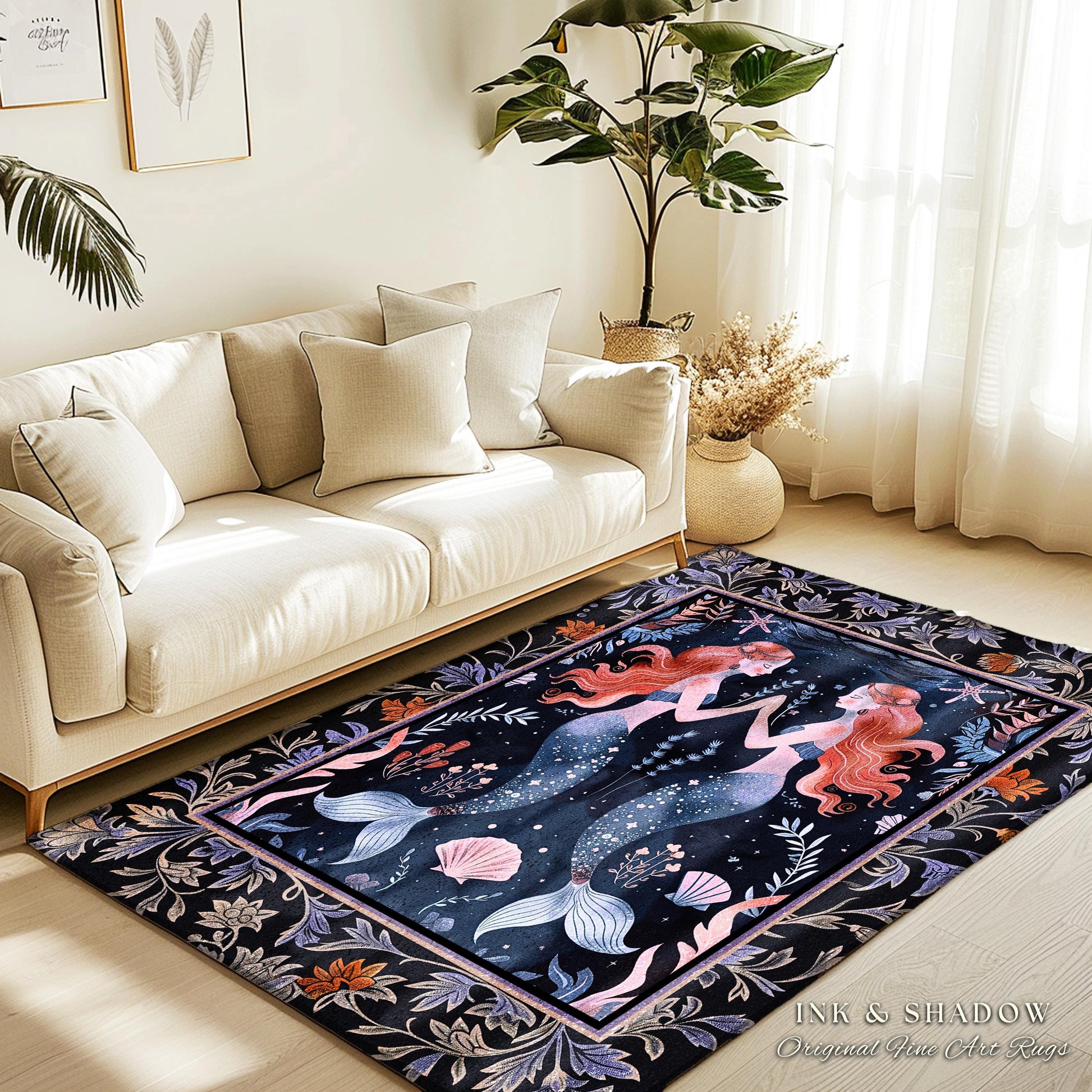 Ocean Sea Nymph Rug Art Nouveau Mystical Mermaid Underwater Decor, Whimsical Coastal Cottagecore Enchanted Dark Oceanic Fantasy Folklore Rug