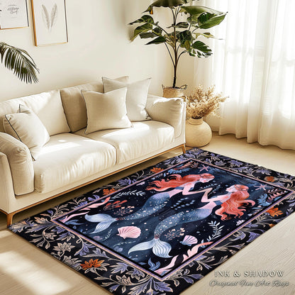Ocean Sea Nymph Rug Art Nouveau Mystical Mermaid Underwater Decor, Whimsical Coastal Cottagecore Enchanted Dark Oceanic Fantasy Folklore Rug