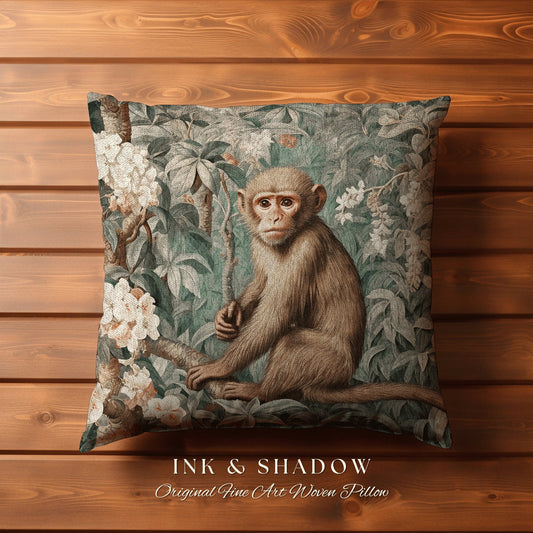 Floral Monkey Pillow Woven | Vintage William Morris Inspired Throw Pillow Aesthetic Mystical Tapestry Vintage Woven Victorian Fairycore Gift