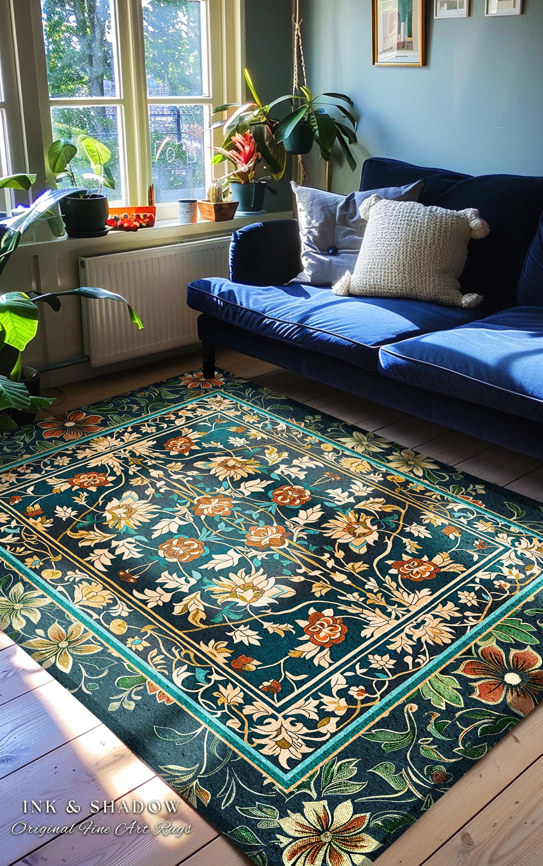 Timeless Ornate Floral Area Rug | Elegant Victorian Revivalist Wildflower Accent Rug for Living Room Dark Floral Teal Blue Royal Cottagecore