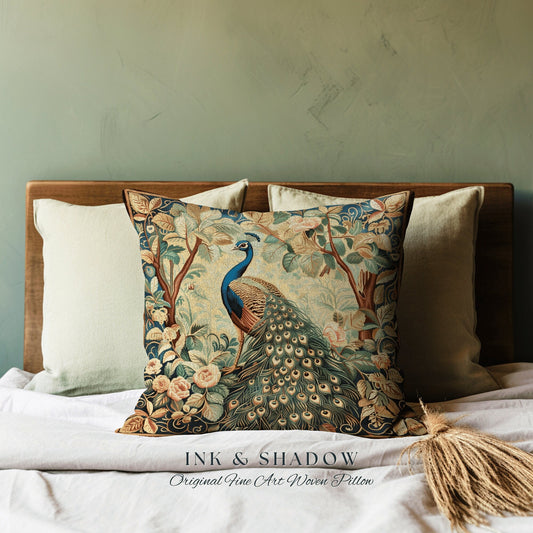 Mystic Floral Peacock Pillow | Woodland Botanical Cushion Woven Decor William Morris Style Forestcore Bedroom Dark Cottagecore Peacock Art