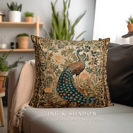 Golden Medieval Peacock Pillow | Woodland Botanical Cushion Woven Decor William Morris Style Forestcore Bedroom Dark Cottagecore Peacock Art