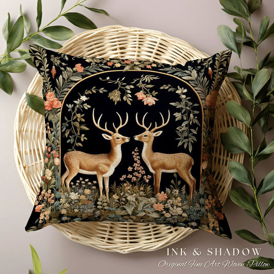 Medieval Deer Woven Pillow | Folklore Aesthetic Couch Cushion Woven William Morris Decor Dark Fairycore Gothic Botanical Woodland Deer