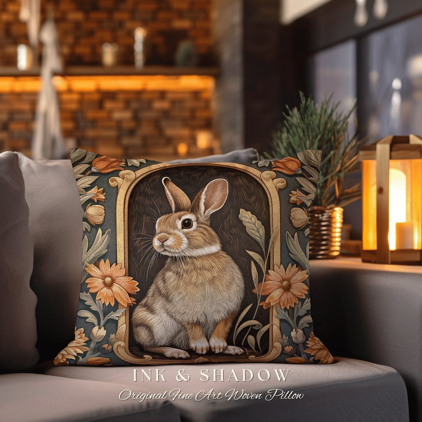 Boho Spring Decor Pillow | Couch Cushion William Morris Throw Woodland Bunny Decor Rustic Spring Botanical Rabbit Fairycore Book Nook Gift