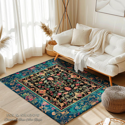 Dark Academia Busy Botanical Rug | Folklore Aesthetic Floral Renaissance Antique Ethereal Maximalist Decor Baroque Pattern Moody Accent Rug