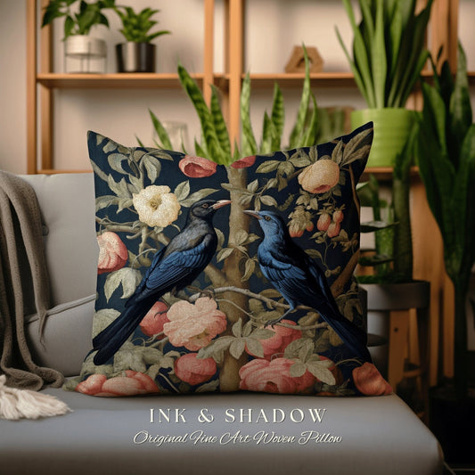 Woodland Crows Accent Pillow | Gothic Decor Crowcore William Morris Inspired Pillow Aesthetic Medieval Woven Cushion Victorian Crow Core Art