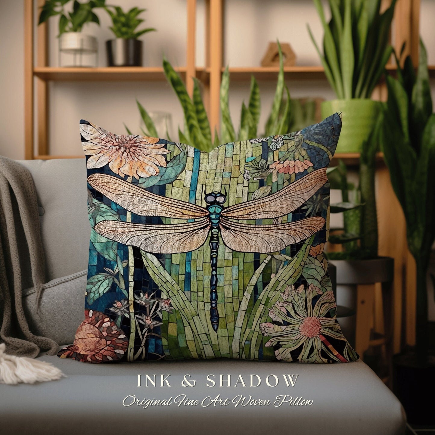 Bright Floral Dragonfly Pillow | Dragon Fly Cushion Woodland Forest Gift for Her Stained Glass Aesthetic Botanical Gothic Decor Whimsical |