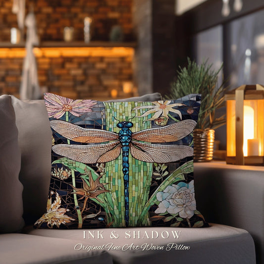 Fairycore Dragonfly Throw Pillow | Dragon Fly Woven Cushion Woodland Forest Gift for Her Stained Glass Aesthetic Botanical Gothic Room Decor