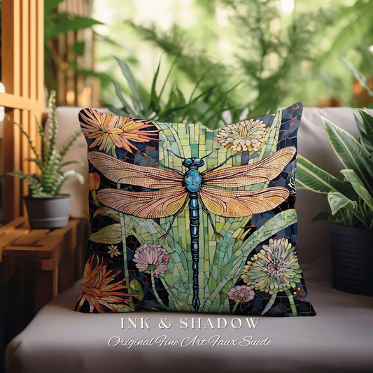 Stained Glass Dragonfly Pillow | Dragon Fly Cushion Woodland Forest Gift for Her Stained Glass Aesthetic Botanical Gothic Decor Cottagecore