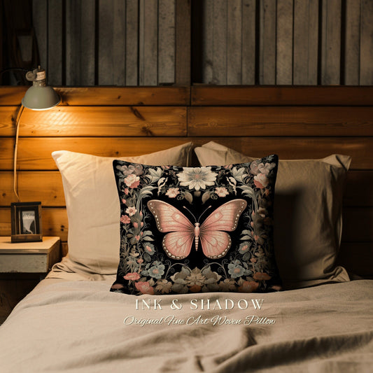 Whimsical Butterfly Throw Pillow | Woodland Maximalist Cushion Woven Decor William Morris Style Cottagecore Bedroom Dark Academia Moth