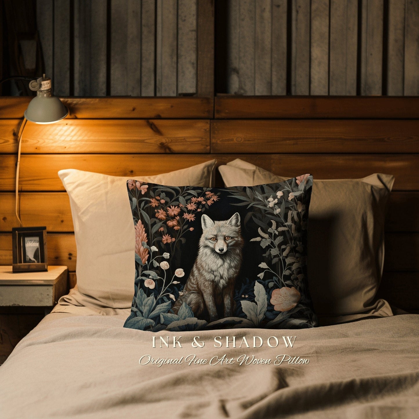 Fox Throw Pillow Dark Botanical | Dark Academia William Morris Inspired Pillow Aesthetic Medieval Woven Pillow Victorian Gothic Fox Decor |