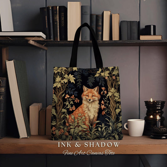 Dark Cottagecore Boho Botanical Fox Tapestry Tote Whimsical Morris Inspired Tote Bag Aesthetic Medieval Tapestry Bag Victorian Fox Fairycore