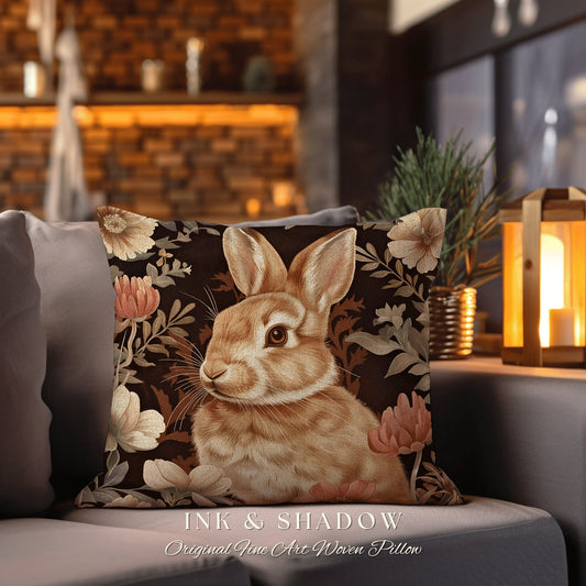 Floral Rabbit Accent Pillow | Couch Cushion William Morris Throw Cottagecore Bunny Decor Rustic Boho Spring Rabbit Rustic Housewarming