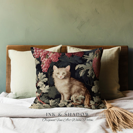 Victorian Cat Pillow Woven | Vintage Accent Pillow Cat Painting Pastel Decor Indie Aesthetic Dorm Room Cushion Botanical Cat Person Gift