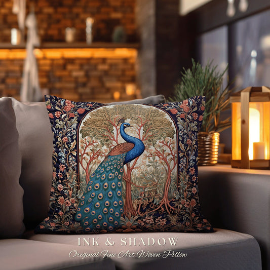 Maximalist Garden Throw Pillow | Woodland Maximalist Cushion Woven Decor William Morris Style Forestcore Bedroom Dark Fairycore Peacock