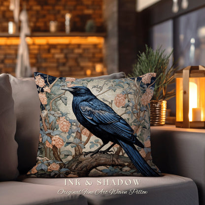 Pastel Gothic Throw Pillow | Dark Academia Gift William Morris Art Accent Pillow Raven Crowcore Cushion for Maximalist Rustic Woodland